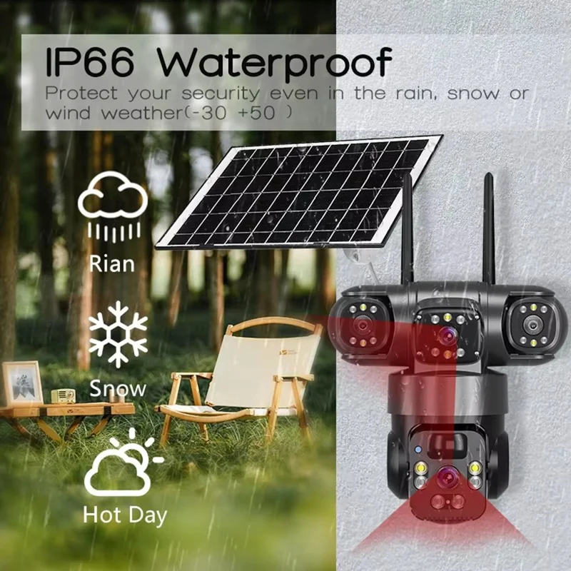 V380 Solar Security Camera IP66 Waterproof 3 Lens 4G Outdoor PTZ 6MP Surveillance Camera