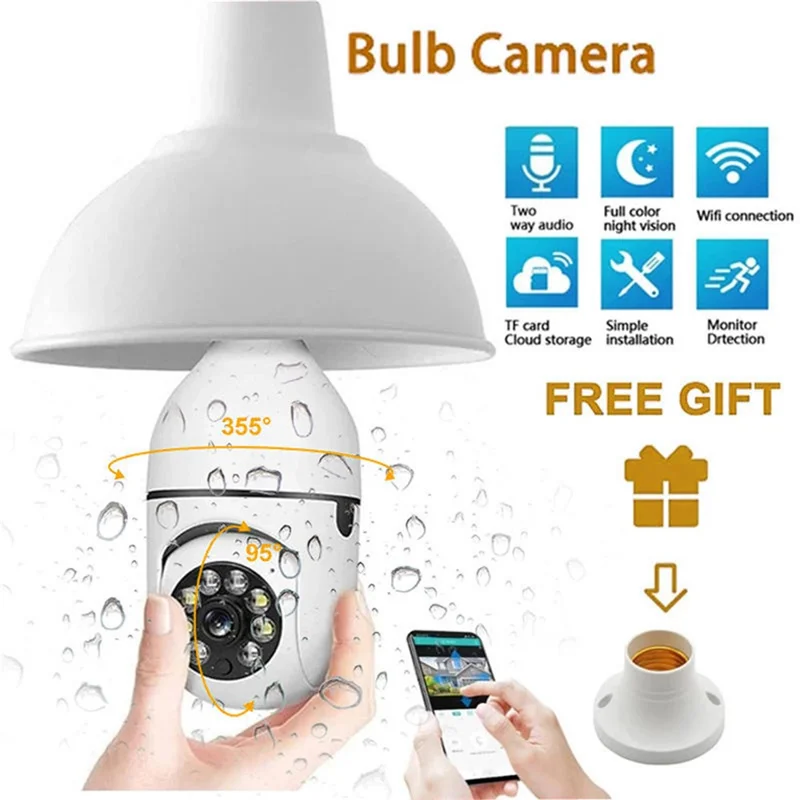 Telecamera a Bulbo E27 con Panoramica a 360 Gradi, 1080P Full HD, Monitor di Sicurezza Wireless con Visione Notturna, Telecamera WiFi - Bianco