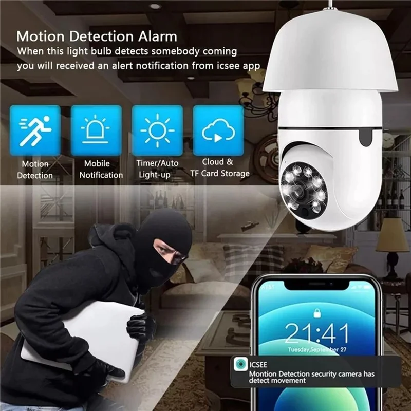 Telecamera a Bulbo E27 con Panoramica a 360 Gradi, 1080P Full HD, Monitor di Sicurezza Wireless con Visione Notturna, Telecamera WiFi - Bianco