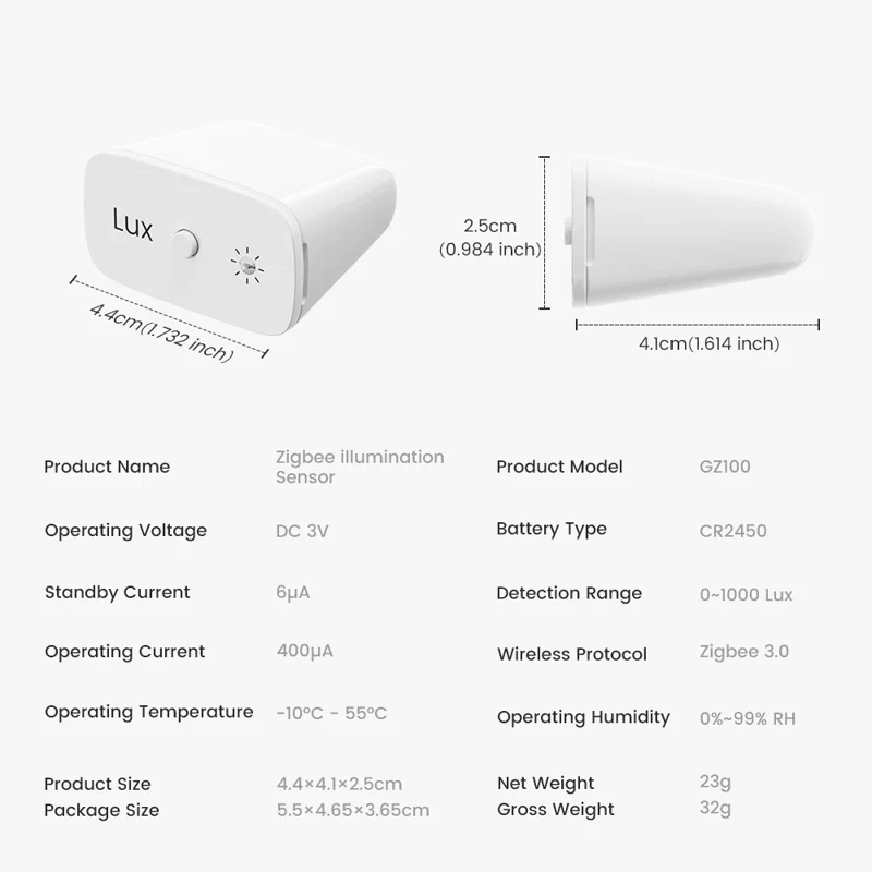Sensor de Luz Zigbee MG-GZ100-W-ZIG, Detector Inalámbrico de Iluminación con IP67 Impermeable, Dispositivo de Detección de Luminosidad para Control Inteligente de Cortinas y Luces - Blanco