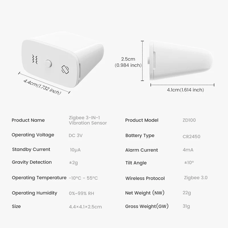 Capteur de vibration ZD100 Zigbee 3-en-1 étanche IP67, alarme intelligente de surveillance de sécurité avec détection d'inclinaison et chute - Blanc