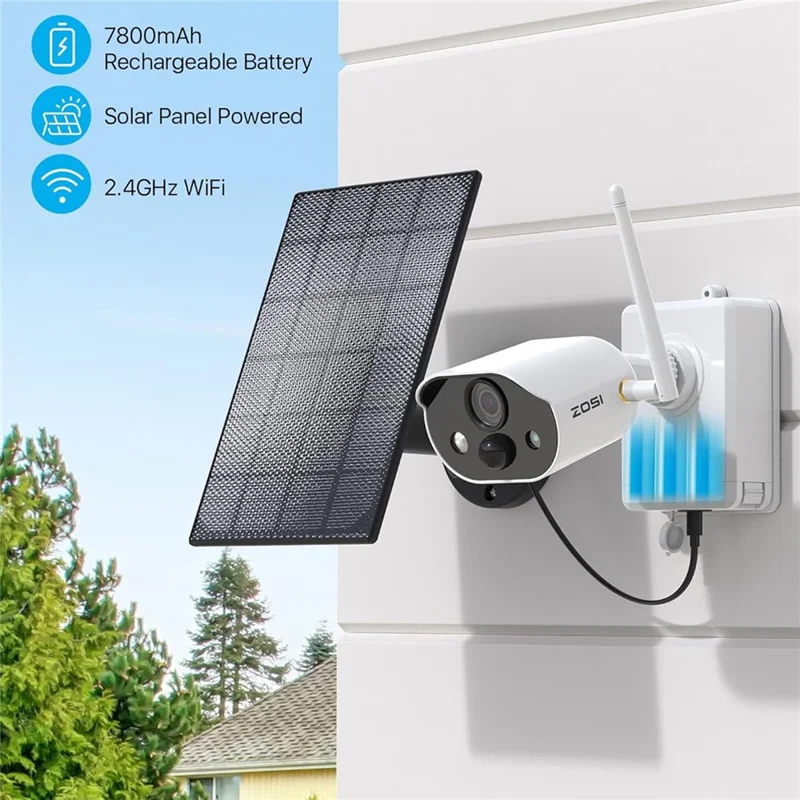 ZOSI C-306 Pro 3MP 2K Caméra de Sécurité Alimentée par Énergie Solaire, Caméra Sans Fil Extérieure Fonctionnant sur Batterie avec Détection de Mouvement PIR (Sans Carte Mémoire) - Blanc