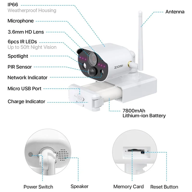 ZOSI C-306 Pro 3MP 2K Caméra de Sécurité Alimentée par Énergie Solaire, Caméra Sans Fil Extérieure Fonctionnant sur Batterie avec Détection de Mouvement PIR (Sans Carte Mémoire) - Blanc