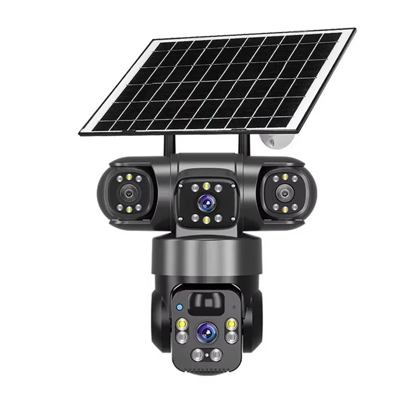 QL22 3-Screen Panoramic Security Camera IP66 Waterproof PIR Detection Solar Powered WiFi Camera - Black / EU Plug