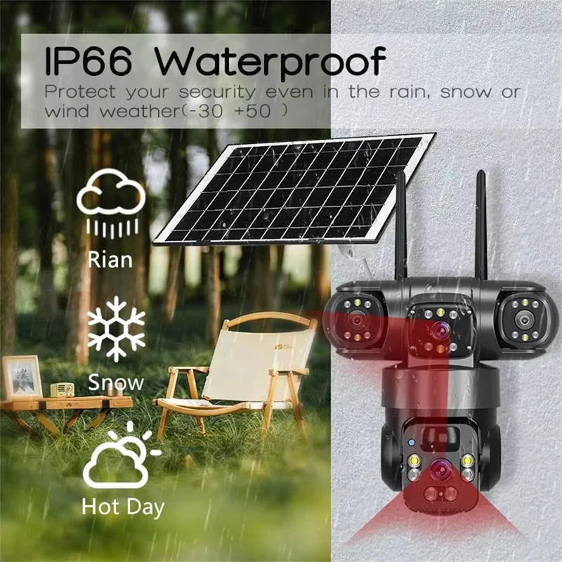 QL22 3-Screen Panoramic Security Camera IP66 Waterproof PIR Detection Solar Powered WiFi Camera - Black / EU Plug