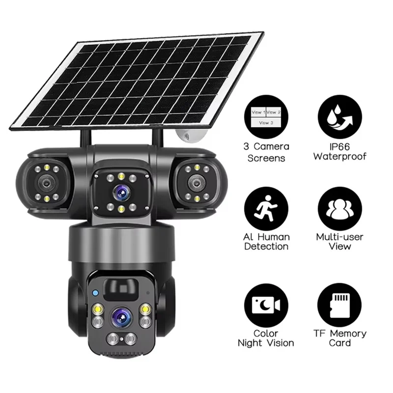 QL22 3-Screen Panoramic Security Camera IP66 Waterproof PIR Detection Solar Powered WiFi Camera - Black / EU Plug