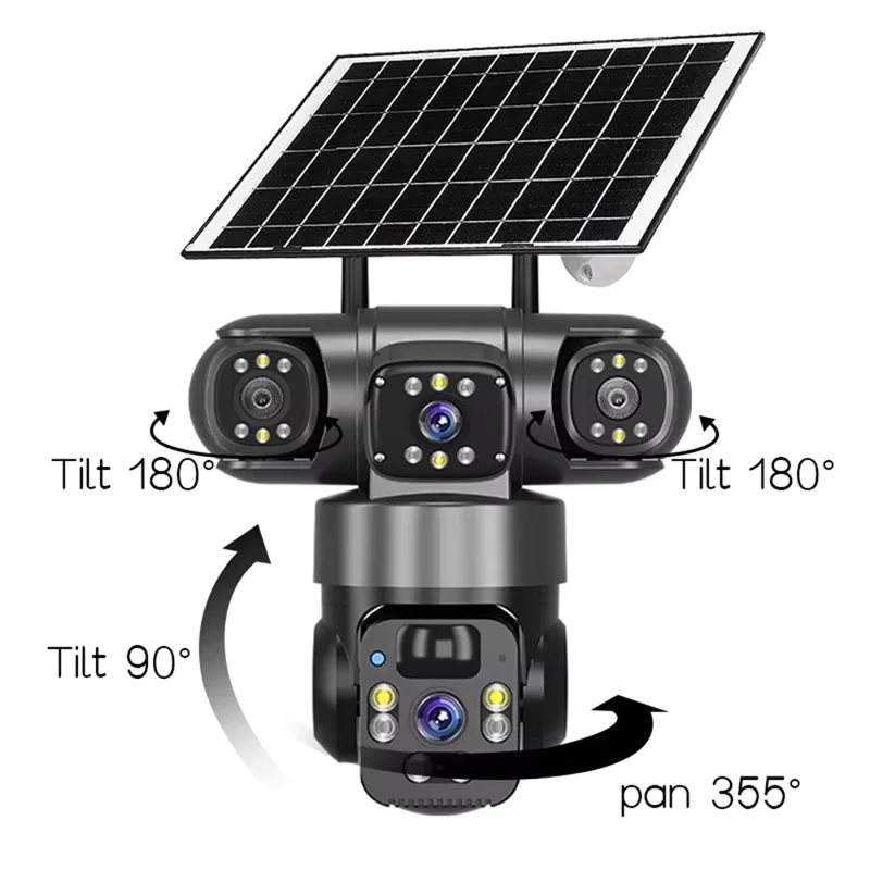 QL22 3-Screen Panoramic Security Camera IP66 Waterproof PIR Detection Solar Powered WiFi Camera - Black / EU Plug