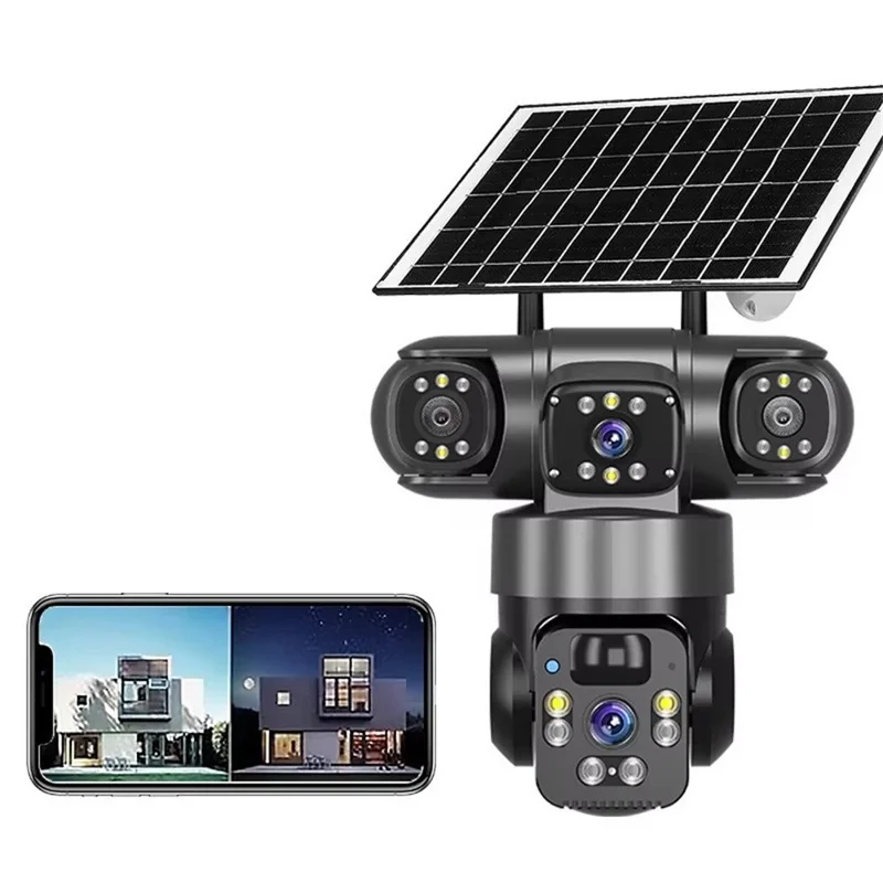 QL22 3-Screen Panoramic Security Camera IP66 Waterproof PIR Detection Solar Powered WiFi Camera - Black / EU Plug