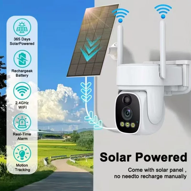 V380 Solar Powered Security Camera Night Vision 3MP HD Outdoor WiFi 4G Surveillance PTZ Camera - White
