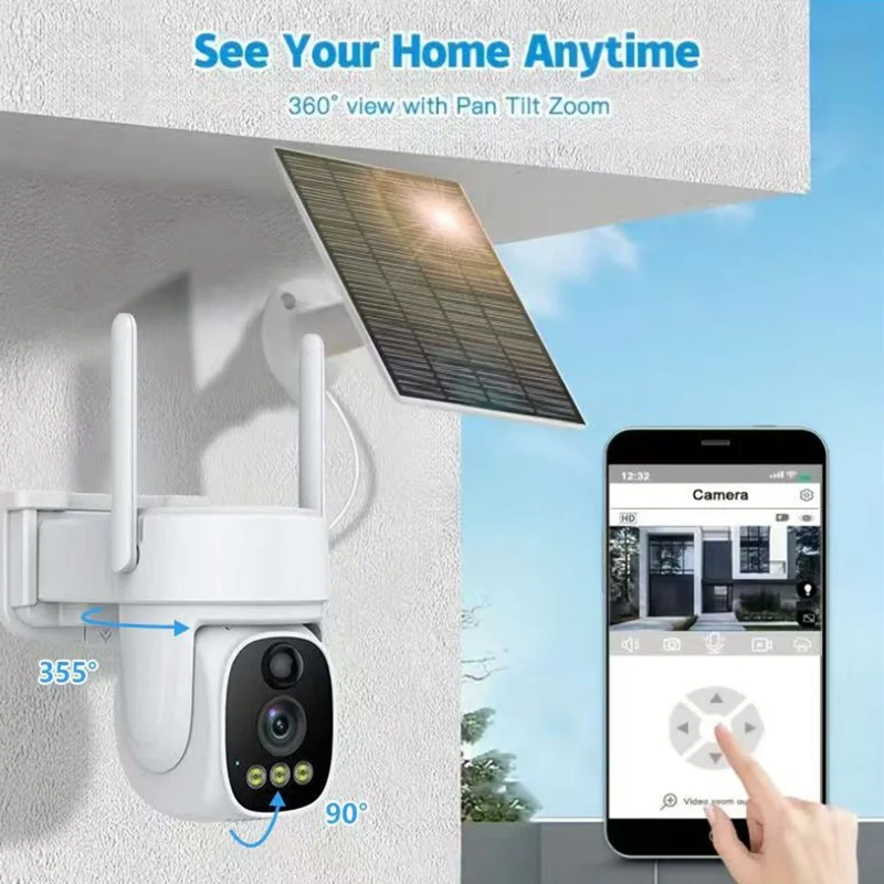 V380 Solar Powered Security Camera Night Vision 3MP HD Outdoor WiFi 4G Surveillance PTZ Camera - White
