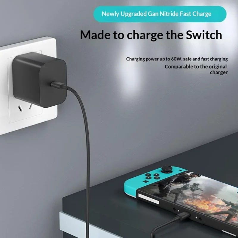 60W GaN Fast Charger for Nintendo Switch 2 USB-C Power Adapter with 1.7m Type-C Cable - US Plug