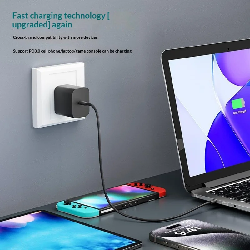 60W GaN Fast Charger for Nintendo Switch 2 USB-C Power Adapter with 1.7m Type-C Cable - US Plug