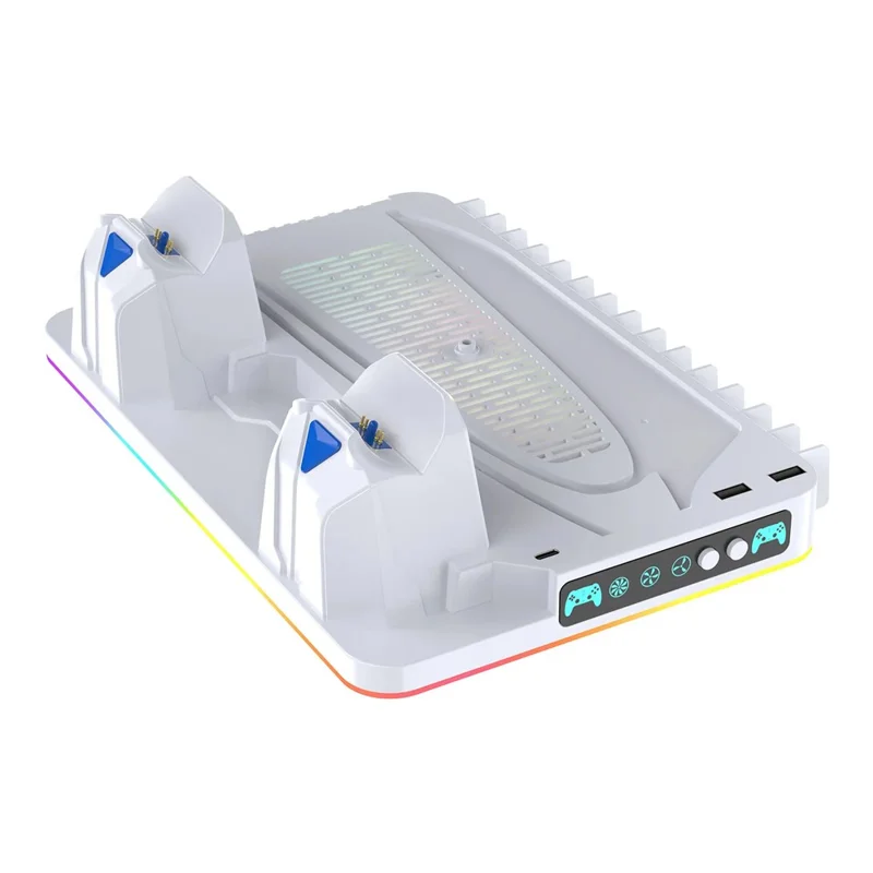 8043 Cooling Stand Dual Controller Charging Station for PS5  /  PS5 Slim  /  PS5 Pro RGB LED Lights Game Storage Rack - White