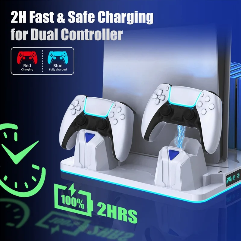 8043 Cooling Stand Dual Controller Charging Station for PS5  /  PS5 Slim  /  PS5 Pro RGB LED Lights Game Storage Rack - White