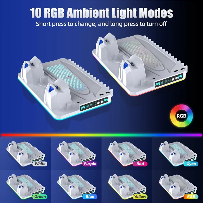 8043 Cooling Stand Dual Controller Charging Station for PS5  /  PS5 Slim  /  PS5 Pro RGB LED Lights Game Storage Rack - White