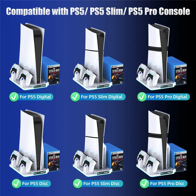 8043 Cooling Stand Dual Controller Charging Station for PS5  /  PS5 Slim  /  PS5 Pro RGB LED Lights Game Storage Rack - White
