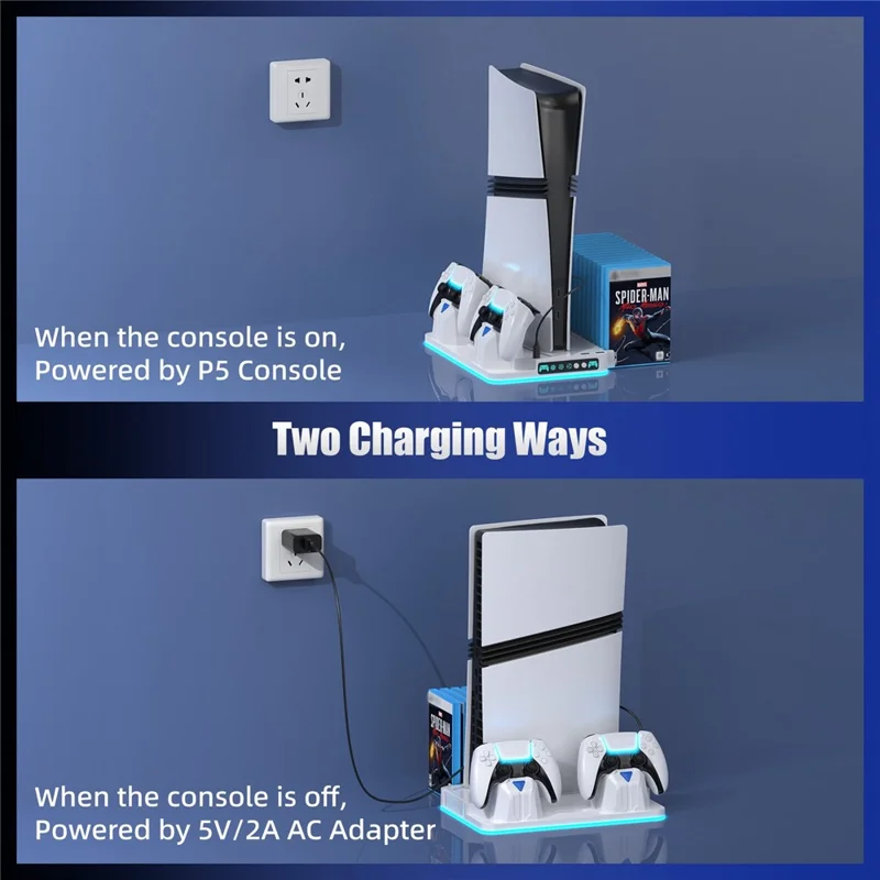 8043 Cooling Stand Dual Controller Charging Station for PS5  /  PS5 Slim  /  PS5 Pro RGB LED Lights Game Storage Rack - White