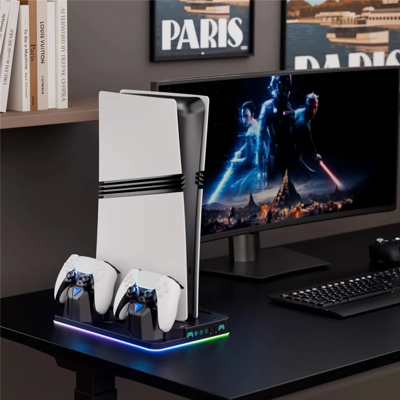 8043 Cooling Stand Dual Controller Charging Station for PS5  /  PS5 Slim  /  PS5 Pro RGB LED Lights Game Storage Rack - White