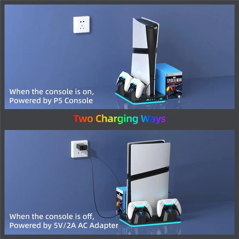 8043 Cooling Stand Dual Controller Charging Station for PS5  /  PS5 Slim  /  PS5 Pro RGB LED Lights Game Storage Rack - White