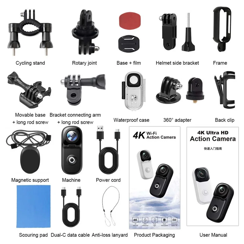 mz02 4K Mini Action Camera 156 Degree Wide Angle WiFi 6-Axis Gyro Stabilization IP65 Waterproof Sports Camera with Type-C Cable (No Memory Card) - Black