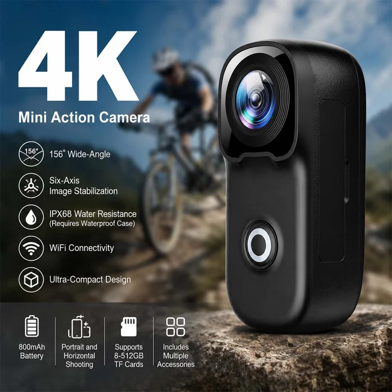 mz02 4K Mini Action Camera 156 Degree Wide Angle WiFi 6-Axis Gyro Stabilization IP65 Waterproof Sports Camera with Type-C Cable (No Memory Card) - Black