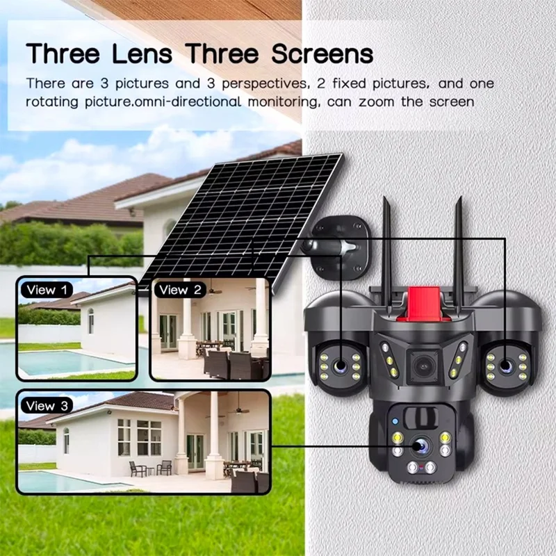 LW21 WiFi 360 Gradenvideo Driedubbele Beveiligingscamera Zonne-aangedreven Draadloze Buitencamera 2MP+2MP+2MP PIR-sensor Bewakingscamera