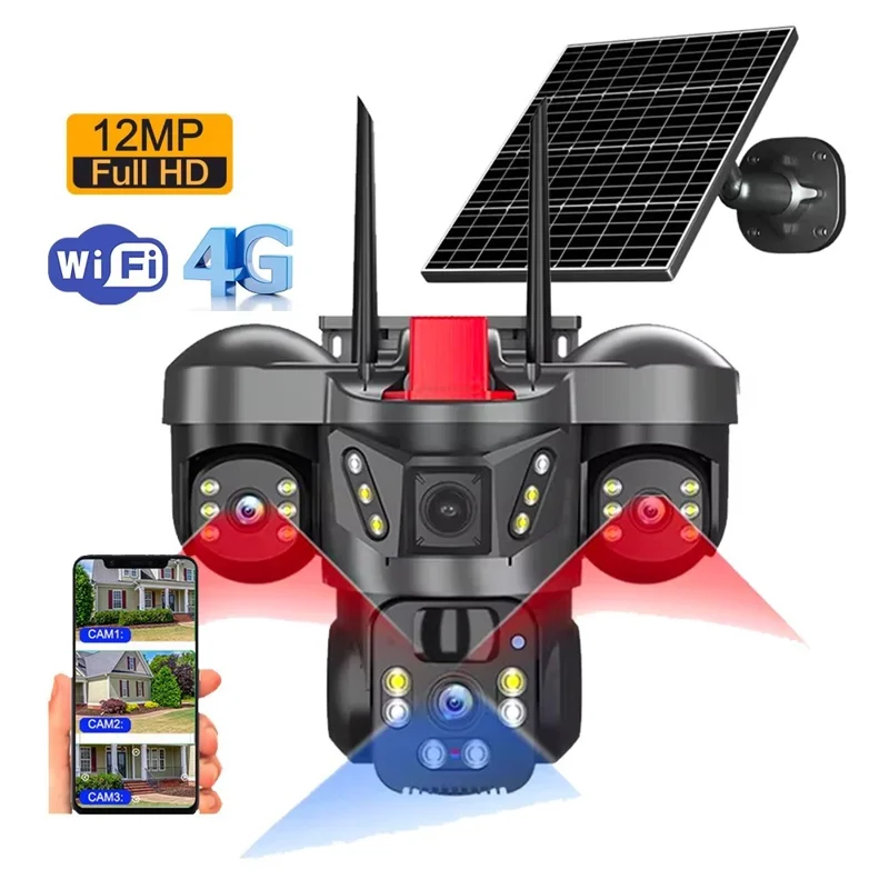 LW21 4G WiFi Triple-Lens 360 Degree Solar Security Camera 2MP+2MP+2MP PIR Sensor IP66 Waterproof Surveillance Camera for Outdoor