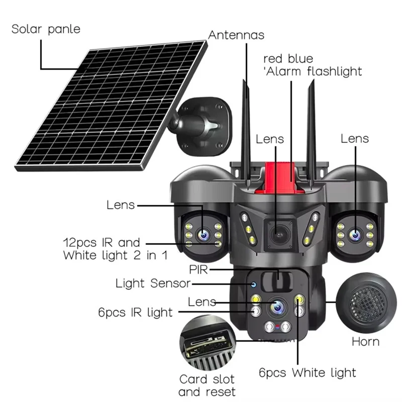 LW21 4G WiFi Triple-Lens 360 Degree Solar Security Camera 2MP+2MP+2MP PIR Sensor IP66 Waterproof Surveillance Camera for Outdoor