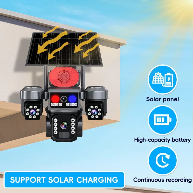 WiFi Zonne-energie 3-lens PTZ beveiligingscamera 2MP+2MP+2MP 360 graden bewakingscamera voor buiten