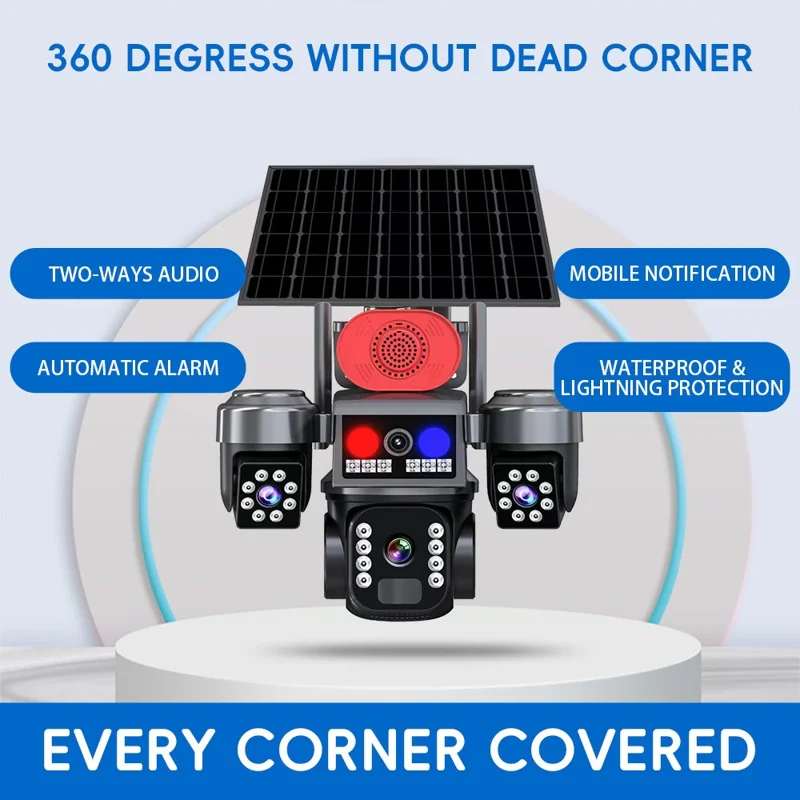 Cámara de Seguridad PTZ con 3 Lentes y Energía Solar 4G 2MP+2MP+2MP Cámara de Vigilancia de 360 Grados para Exterior
