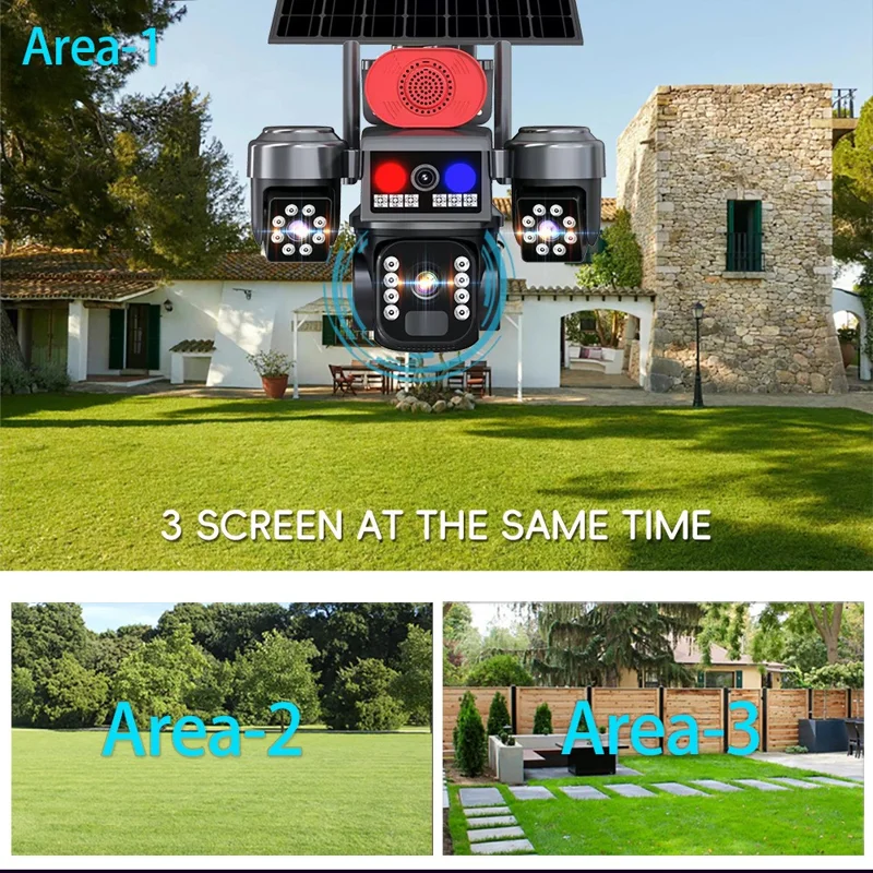 Cámara de Seguridad PTZ con 3 Lentes y Energía Solar 4G 2MP+2MP+2MP Cámara de Vigilancia de 360 Grados para Exterior