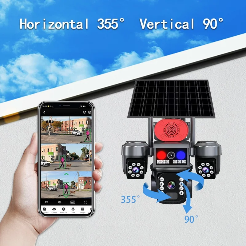Cámara de Seguridad PTZ con 3 Lentes y Energía Solar 4G 2MP+2MP+2MP Cámara de Vigilancia de 360 Grados para Exterior