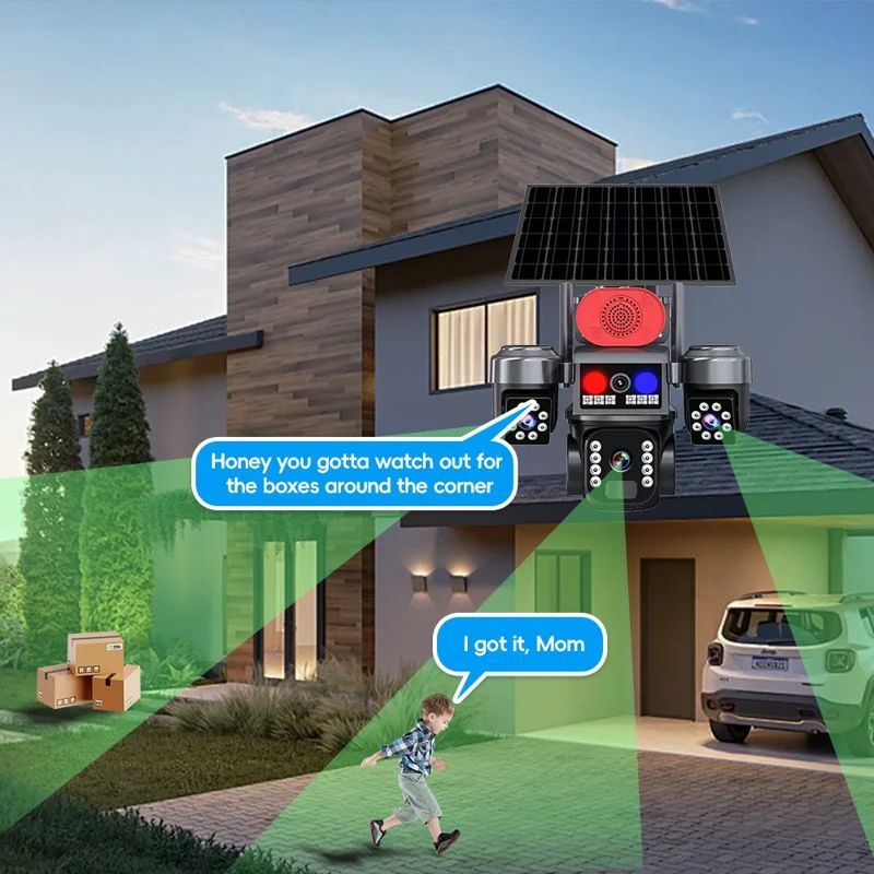Cámara de Seguridad PTZ con 3 Lentes y Energía Solar 4G 2MP+2MP+2MP Cámara de Vigilancia de 360 Grados para Exterior