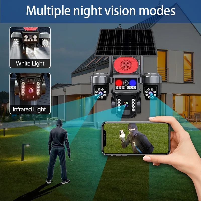 Cámara de Seguridad PTZ con 3 Lentes y Energía Solar 4G 2MP+2MP+2MP Cámara de Vigilancia de 360 Grados para Exterior