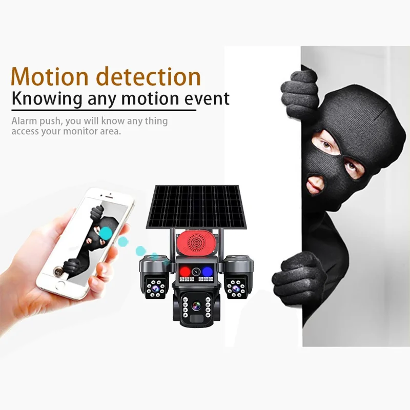 Cámara de Seguridad PTZ con 3 Lentes y Energía Solar 4G 2MP+2MP+2MP Cámara de Vigilancia de 360 Grados para Exterior