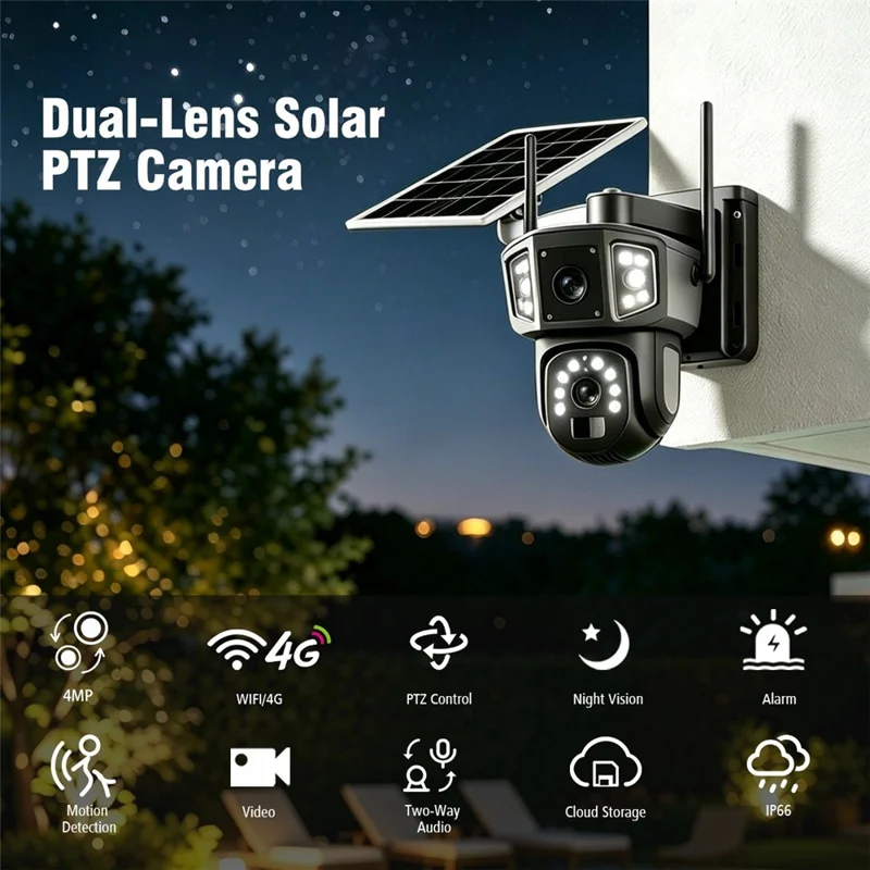 QL18 Solar Security Camera IP66 Waterproof Dual Lens AI Tracking Night Vision PTZ Camera for Outdoor - Black+Grey