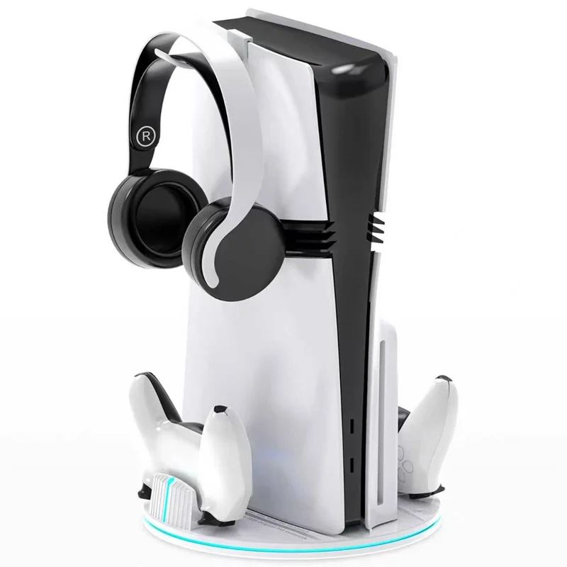 8057 Dual Controller Charging Station for Sony PlayStation 5 / 5 Slim / 5 Pro Console Stand Headphone Holder - White