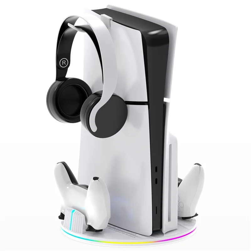 8057 Dual Controller Charging Station for Sony PlayStation 5 / 5 Slim / 5 Pro Console Stand Headphone Holder - White