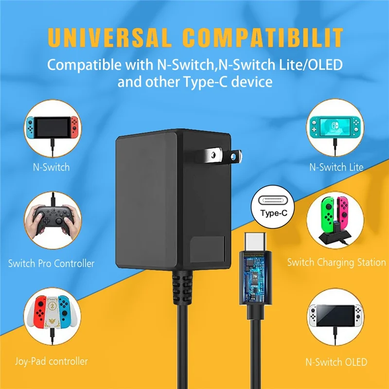 MIMD 2,6 A vekselstrømsadapter til Nintendo Switch / Lite / OLED-spilcontroller Type-C-oplader med 1,5 m kabel – US-stik