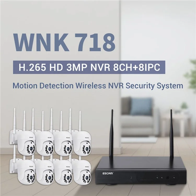 ESCAM WNK718 3MP Smart Home Security Camera NVR Set 8pcs Wifi IP Caméras Video Video Video CCTV Cameras Système de Surveillance - Plug