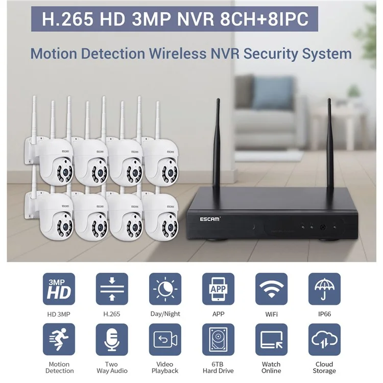 ESCAM WNK718 3MP Smart Home Security Camera NVR Set 8pcs Wifi IP Cámaras Video al Aire Libre Cámaras CCTV Sistema de Vigilancia - Enchufe de la ue