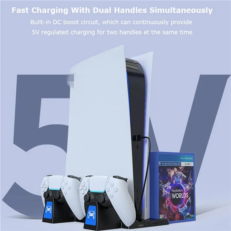 IPEGA PG-5009 Multifunctional Vertical Charging Dock Game Controller Charging Stand Storage Holder with Headset Hook Game Disc Container for PS5