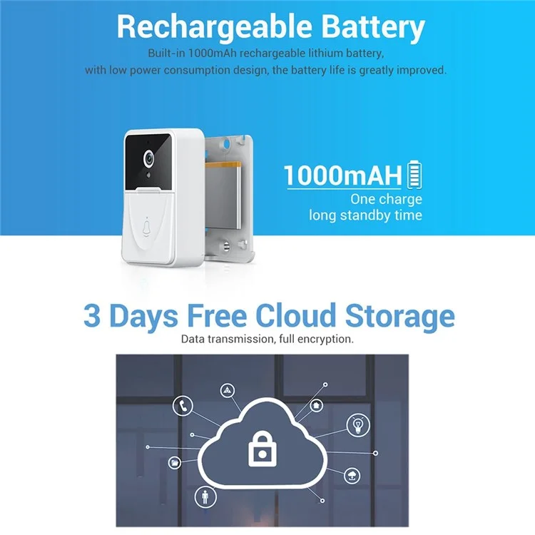 Caméra d'appel vidéo pour application mobile X3 Smart Doorbell Camera - Moniteur de caméra, changement de voix bidirectionnelle, fonction d'instantané, stockage cloud gratuit, sonnette vidéo intelligente pour la sécurité à domicile