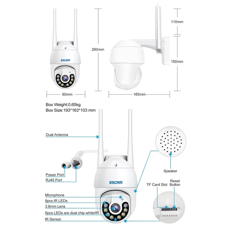 Escam Qf800 8MP Pan/tilt AI Detecção Humanóide Armazenamento Câmera de wi -fi IP à Prova D'água de Áudio Câmera de Segurança de Visão Noturna de Áudio - Plugue da ue