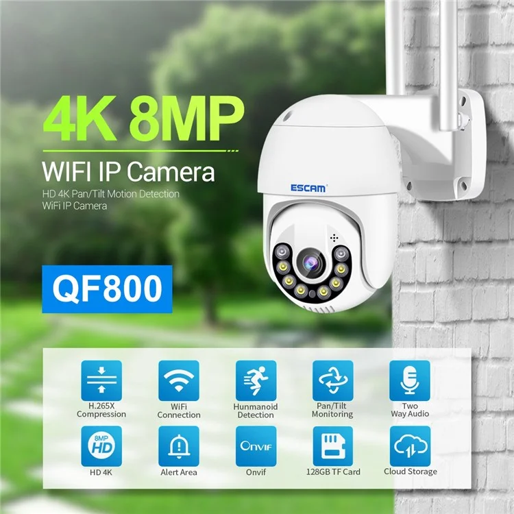 ESCAM QF800 8MP Pan/Tilt AI Humanoid Detection Cloud Storage Waterproof WiFi IP Camera Two Way Audio Night Vision Security Camera - EU Plug