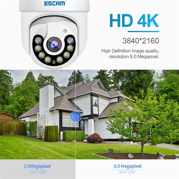 ESCAM QF800 8MP Pan/Tilt AI Humanoid Detection Cloud Storage Waterproof WiFi IP Camera Two Way Audio Night Vision Security Camera - EU Plug