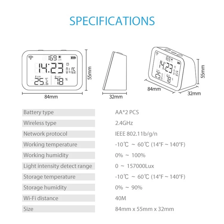 NEO NAS-CW01W 4 en 1 Sensor Multifunción Smart 2.4GHz Temperatura y Detector de Humedad Con Reloj de Doble Modo / Luminancia