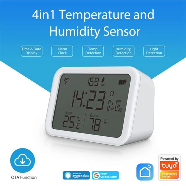 NEO NAS-CW01W 4 en 1 Sensor Multifunción Smart 2.4GHz Temperatura y Detector de Humedad Con Reloj de Doble Modo / Luminancia