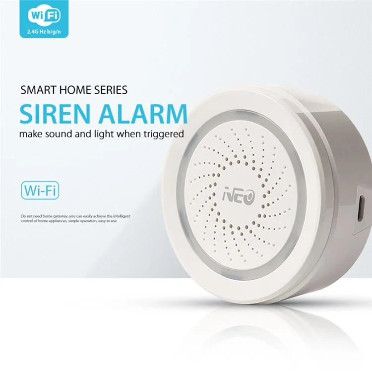 NEO NAS-AB02W Alarme sans fil intelligente 2,4 GHz WiFi Mini sirène Alarme Prise en charge du contrôle du téléphone portable pour la maison (alimentée par USB) 