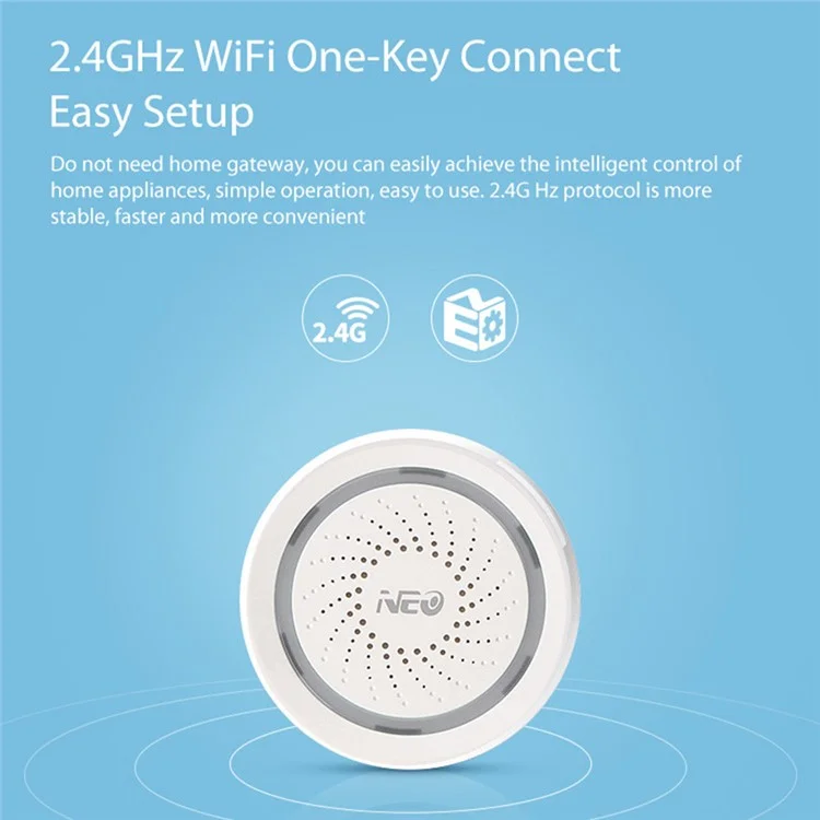 NEO NAS-AB02W Alarme sans fil intelligente 2,4 GHz WiFi Mini sirène Alarme Prise en charge du contrôle du téléphone portable pour la maison (alimentée par USB) 